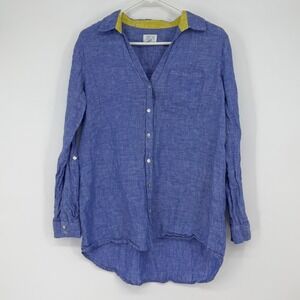 SIGRID OLSEN Blue 100% Linen Button Front Long Sleeve Tunic Shirt Women S Resort